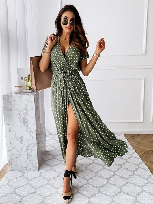 Vestido Bohemio Largo con Escote en V y Estampado de Lunares - Image 17