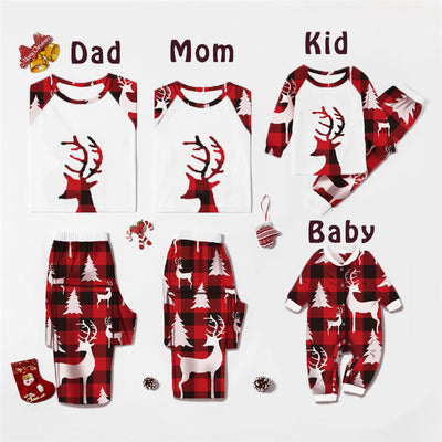 Women's Christmas pajama set with white raglan top featuring a red plaid deer head and matching red plaid pants with deer and trees. - Image 6