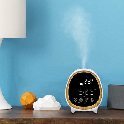 White smart WIFI aroma diffuser with a round shape, wood-grain accent, and digital display showing time and temperature. - Image 3
