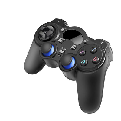 Black wireless gamepad with dual analog joysticks, D-pad, and colorful A, B, X, Y action buttons.