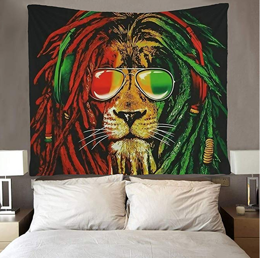 Lion tapestry art featuring a lion's head with red and green dreadlocks, wearing aviator sunglasses. - Image 2