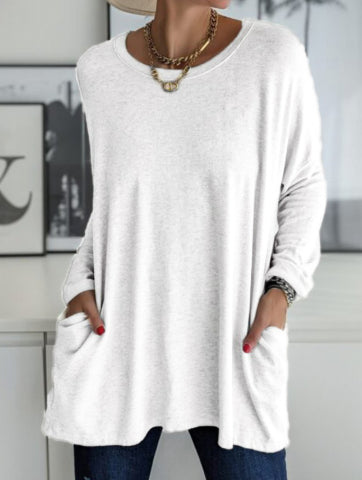 Blusa Suelta de Manga Larga y Cuello Redondo con Bolsillos - Colores Sólidos - Image 13