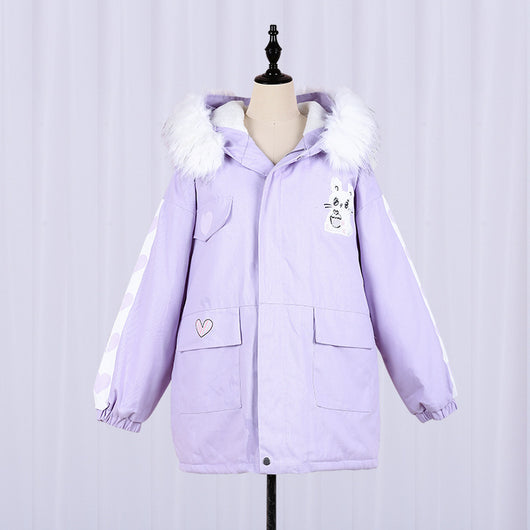Abrigo Parka Kawaii Conejo Rosa y Lavanda con Capucha y Borde de Pelaje para Invierno - Image 5