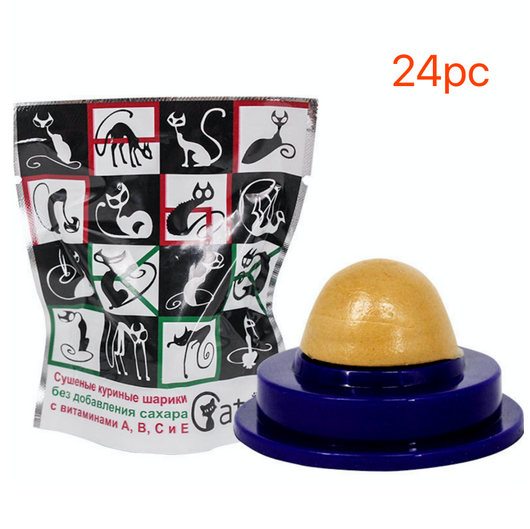 Two pet cat energy ball lick toys with catnip, one with a green base and orange pouch, the other with a blue base and black pouch. - Image 32