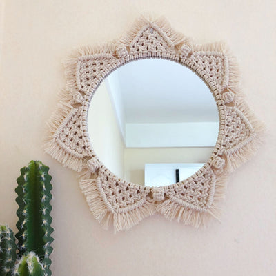 Espejo Decorativo Escandinavo Girasol - Tapiz Hecho a Mano con Anillo de Cosmético
