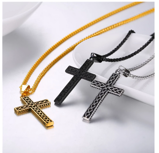 Collar Cruz Vintage Acero Inoxidable 316L Dorado para Hombre - Joyería Cristiana Negra