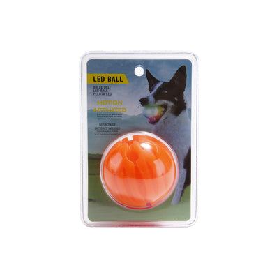 Orange LED pet ball in clear packaging, with a dog on the insert holding a glowing ball in its mouth. - Image 4