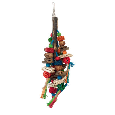 Hanging parrot toy made from natural wood, corn husk, and nuts with colorful strings and beads. A small yellow bird perches on the toy. - Image 5
