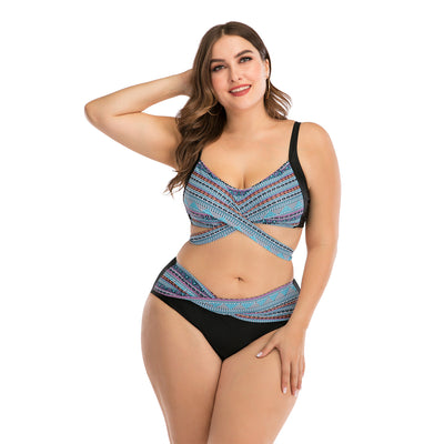 Plus size two-piece swimsuit with a black base, colorful geometric pattern, criss-cross top, and high-waisted bottom. - Image 33