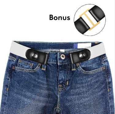 Black buckle-free elastic belt with snap closures worn on blue jeans, featuring a bonus gold-colored metal buckle.