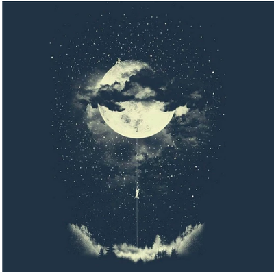 Moon Escape Tapestry featuring a full moon, dark clouds, and stars, with figures on and climbing from the moon towards a forest. - Image 3