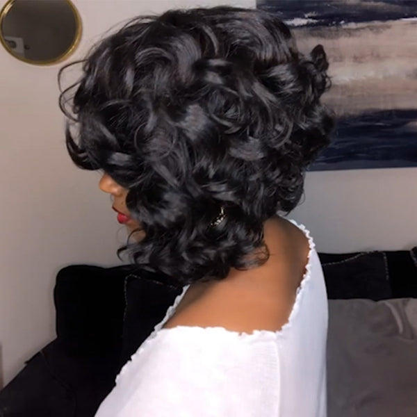 Peluca Corta Rizada Sintética Negra - Cabello Parcial