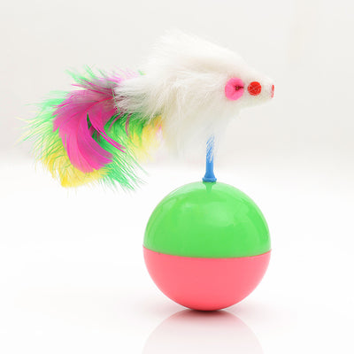 Two white mouse cat toys with colorful feathers on green and pink tumbler bases, reflected on a white surface. - Image 4