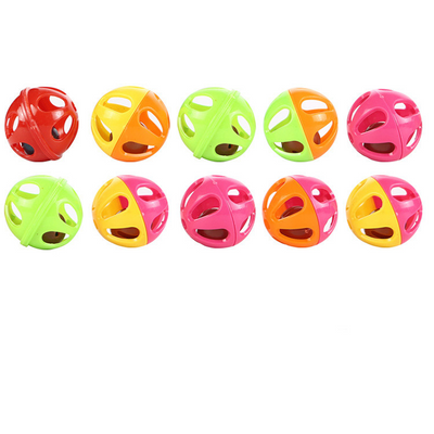 Orange and pink plastic bell toy ball for cats, with a kitten peeking from behind. Other color variations shown below. - Image 5
