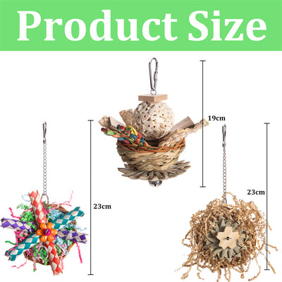 Colorful parrot bird toy with a woven basket base, braided chew sticks, crinkled paper, and a metal hanging chain. - Image 3
