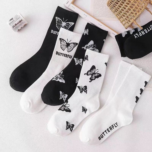 Calcetines Tube Mujer Mariposa - Diseño Cartoon Blanco y Negro