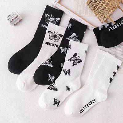 Calcetines Tube Mujer Mariposa - Diseño Cartoon Blanco y Negro