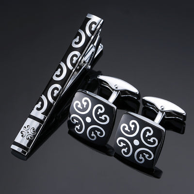 Juego de Clips de Corbata y Gemelos con Cristales Negros y Patrón Floral Esmaltado en Oro y Plata - Image 15