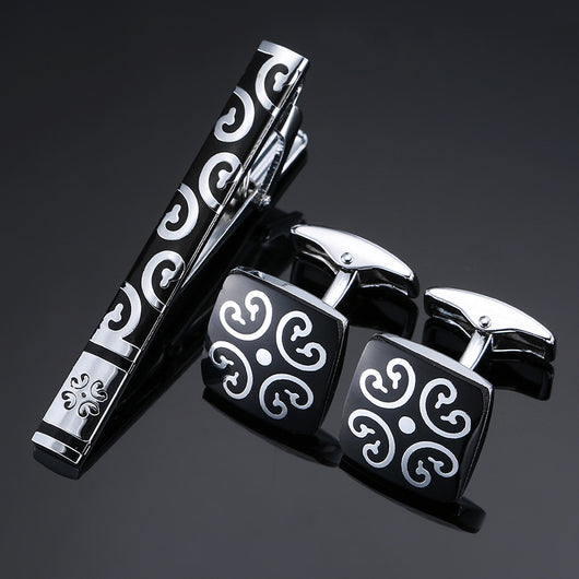Juego de Clips de Corbata y Gemelos con Cristales Negros y Patrón Floral Esmaltado en Oro y Plata - Image 15