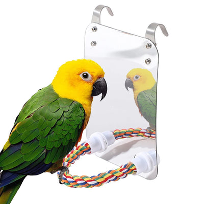 Parrot toy with a rectangular acrylic mirror and a colorful braided rope perch, designed to hang in a birdcage. - Image 12