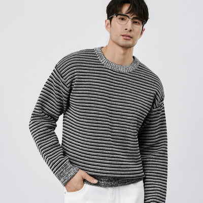 Suéter de Cuello Redondo Tejido a Rayas para Hombre - Abrigo Cálido Invierno - Image 4