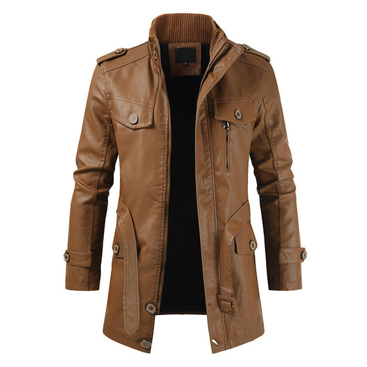 Abrigo Trench de Cuero con Cuello Mao y Forro de Terciopelo para Hombre - Image 8