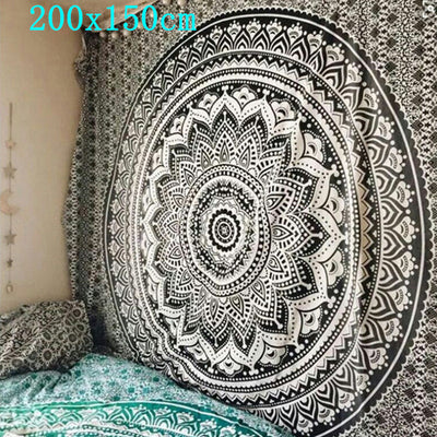 Black and white Yin Yang Mandala tapestry featuring 'The Moon' tarot card design with wolves, stars, and zodiac symbols. - Image 7