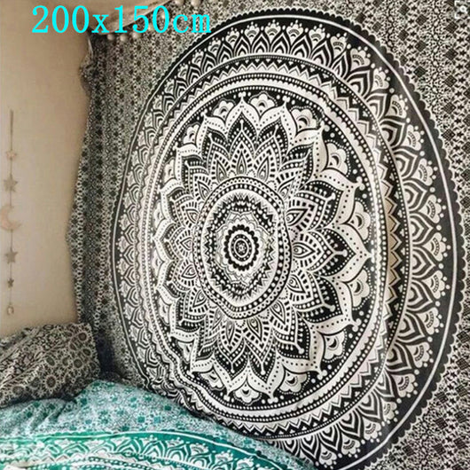 Black and white Yin Yang Mandala tapestry featuring 'The Moon' tarot card design with wolves, stars, and zodiac symbols. - Image 7