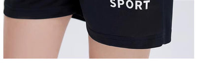 Purple and white gradient short-sleeve t-shirt with 'SPORT' text and black athletic shorts for women. - Image 20