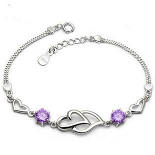 Pulsera de Plata Esterlina S925 con Amatista en Forma de Corazón, Diseño Coreano Doble Corazón