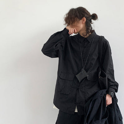 Camisa Negra Retro Asiática Suelta y Minimalista para Otoño - Image 5