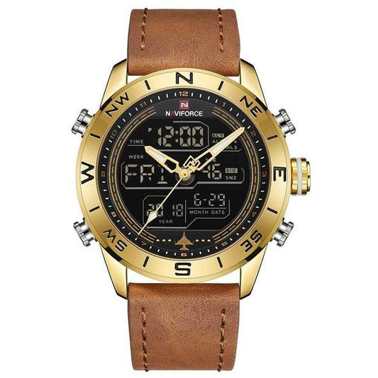Reloj Deportivo Militar NAVIFORCE 9144 - Analógico Digital Dorado con Correa de Cuero