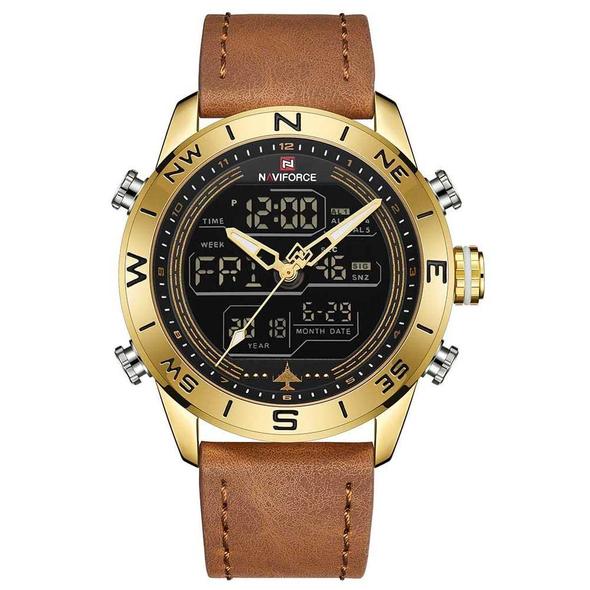 Reloj Deportivo Militar NAVIFORCE 9144 - Analógico Digital Dorado con Correa de Cuero
