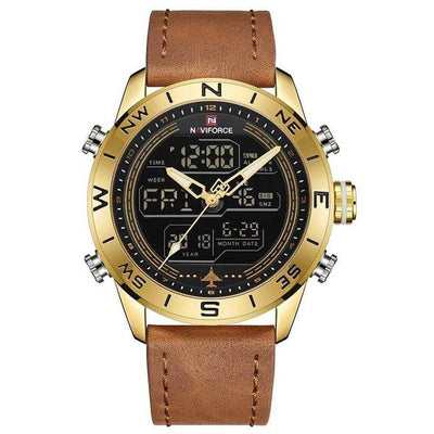 Reloj Deportivo Militar NAVIFORCE 9144 - Analógico Digital Dorado con Correa de Cuero