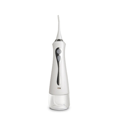 White portable electric water flosser with a clear water tank and silver control panel, standing upright. - Image 4