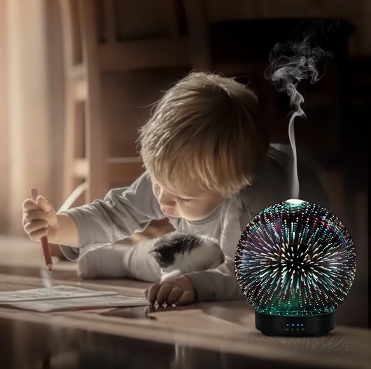Spherical 3D aromatherapy essential oil diffuser with 7 LED color lighting modes and a black base. - Image 3