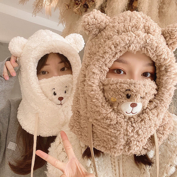 Gorro Oso Cálido con Bufanda Integrada, Máscara y Cordón Ajustable
