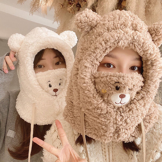Gorro Oso Cálido con Bufanda Integrada, Máscara y Cordón Ajustable
