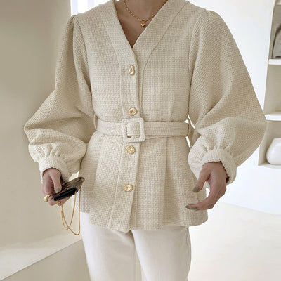Chaqueta Suelta de Botón Simple con Mangas Linterna y Cinturón para Mujer - Image 3