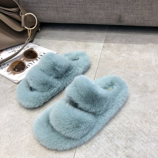 Pantuflas Cruzadas de Pelo de Conejo Suave para Mujer