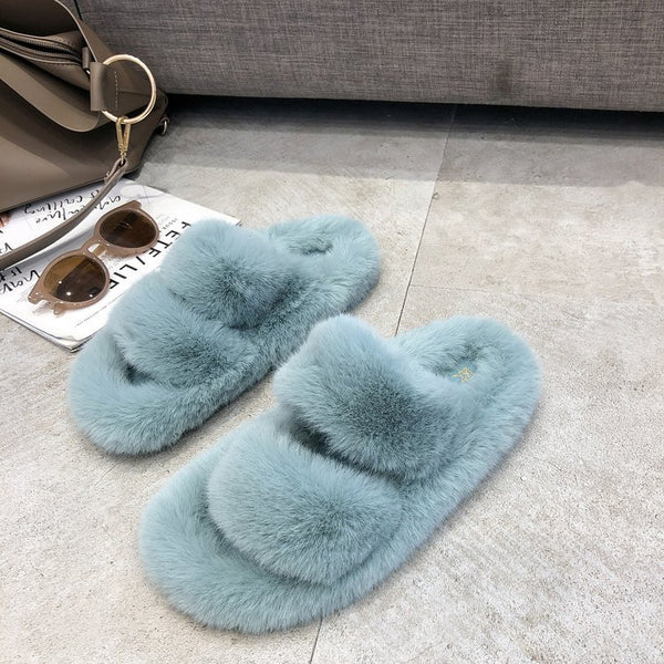 Pantuflas Cruzadas de Pelo de Conejo Suave para Mujer