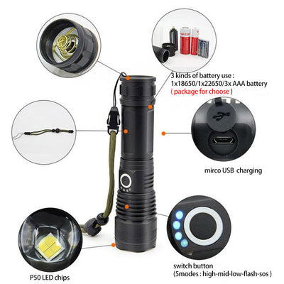 Linterna LED Zoom P50 con Carga USB - Image 10