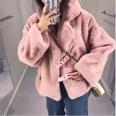 Abrigo de Piel de Conejo Coreano para Mujer - Chaqueta Corta Peluda Cálida de Invierno