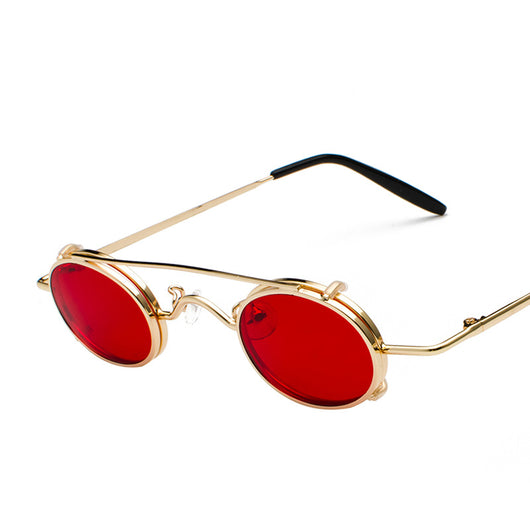 Retro round sunglasses with vibrant red lenses and a black metal frame, featuring a unique flip-up design. - Image 16