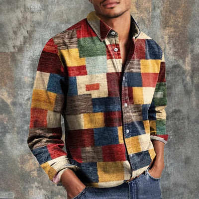 Camisa Casual Retro Estampada de Manga Larga para Hombre - Image 4