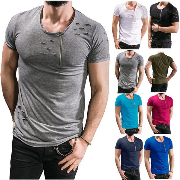 Camiseta Hombre Manga Corta con Cierre y Detalles Rotos