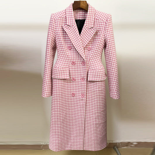 Abrigo Cuadros Rosa Lana Doble Abotonadura Estilo Retro - Image 3