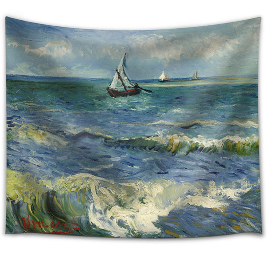 Printed tapestry featuring Van Gogh's 'The Sea at Les Saintes-Maries-de-la-Mer' with sailboats on a choppy blue-green sea.