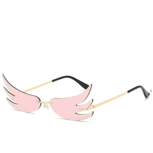 Rimless flame-shaped sunglasses with silver reflective lenses, gold metal temples, and black temple tips. - Image 7