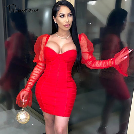Vestido Falda Roja Verde con Malla en Mangas y Bolsa Cadera